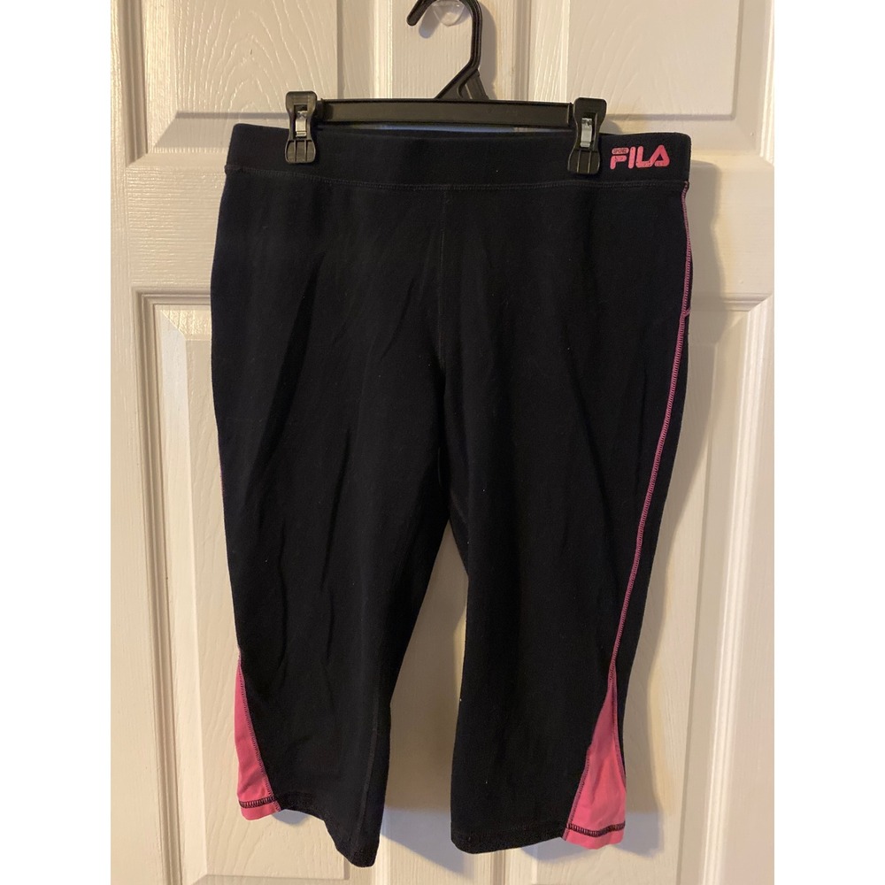 Fila Sport Womens Black Pink Capri Leggings Cropped Running Tights Zipper Pocket
